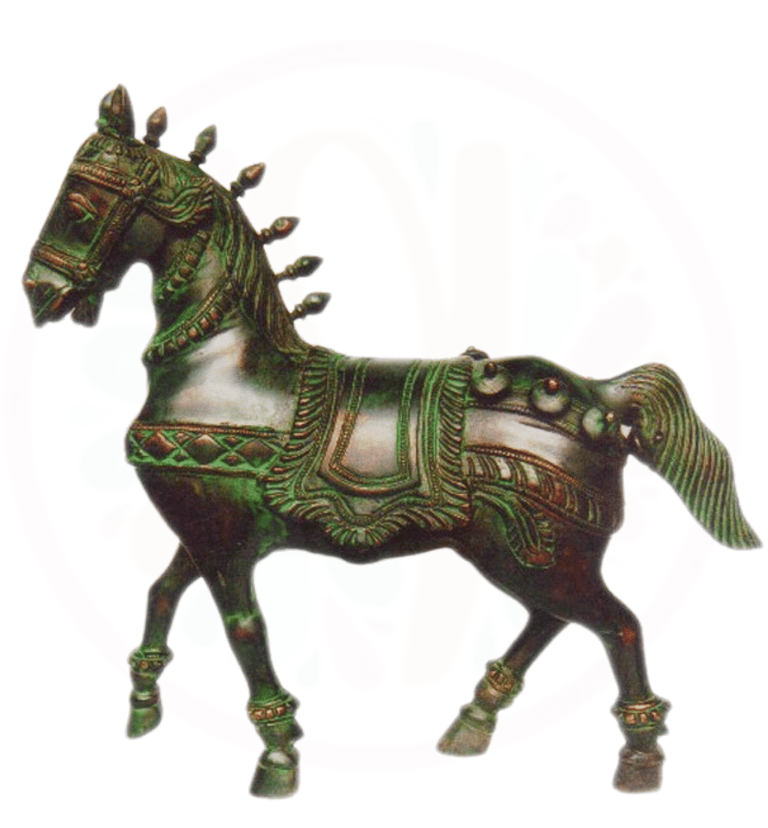 a horse statue of a horse with a green and gold colored paint