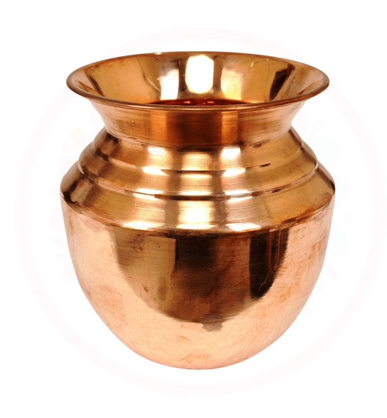 a copper vase with a large metal bowl on it