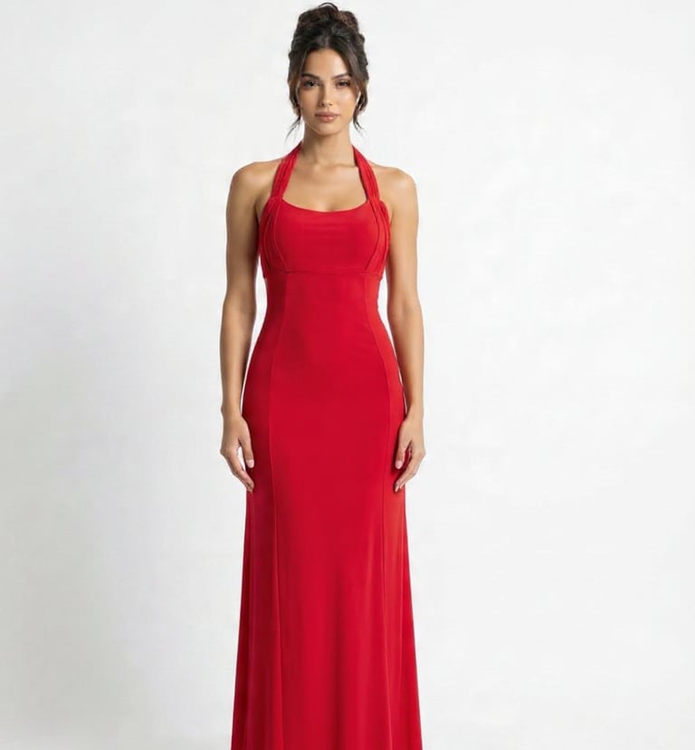 a woman in a red dress standing in front of a white background