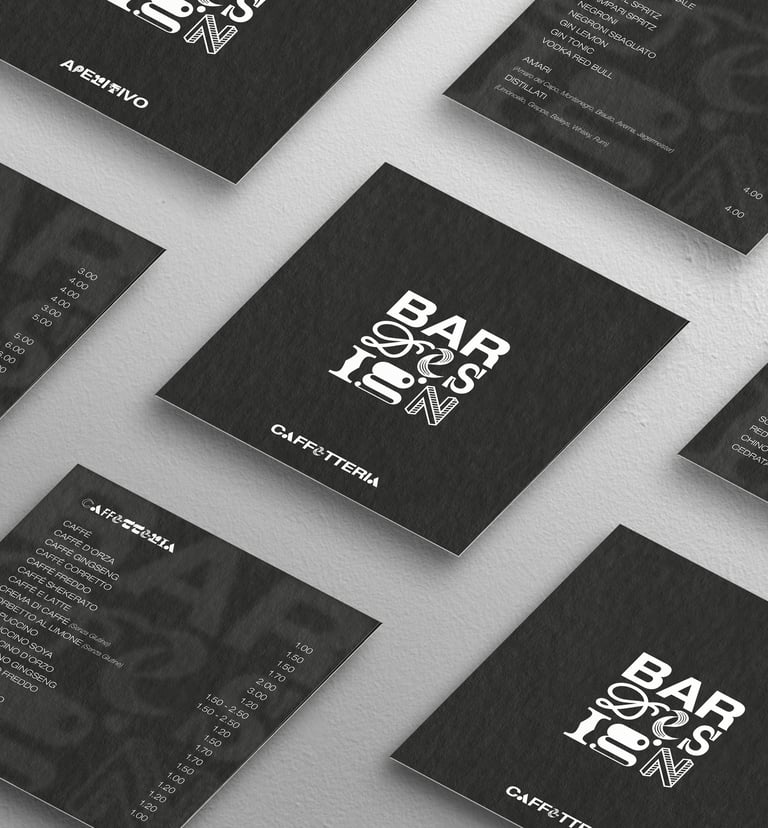 Black and white modern cafe menu cards with minimalist typography and logo design layout.