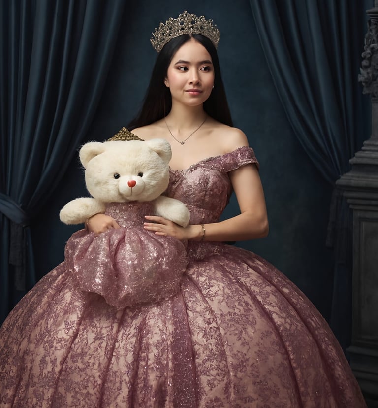 a woman in a pink dress holding a teddy bear