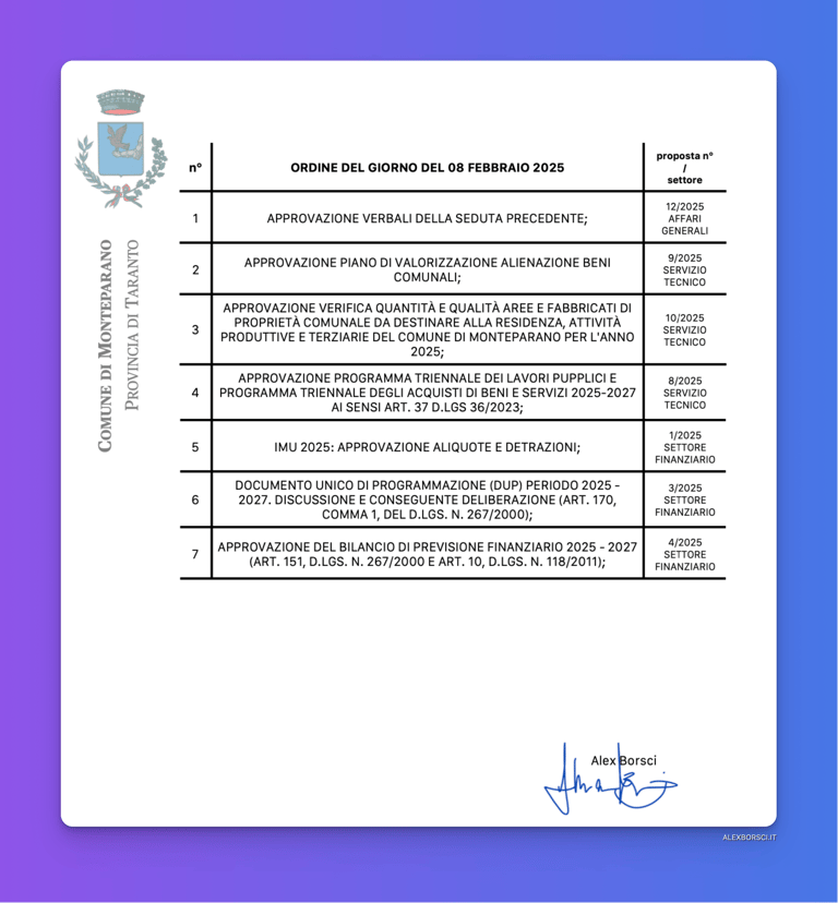 ordine del giorno consiglio comunale di monteparano del 10 febbraio 2025
