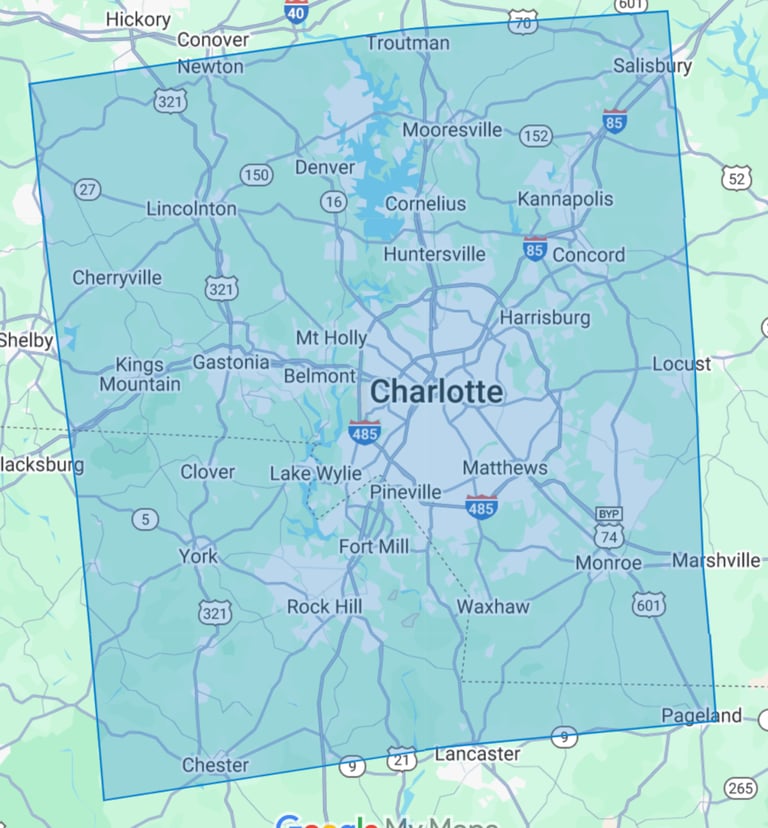image of area around Charlotte North Carolina where Mothership Roofing services residential roofing
