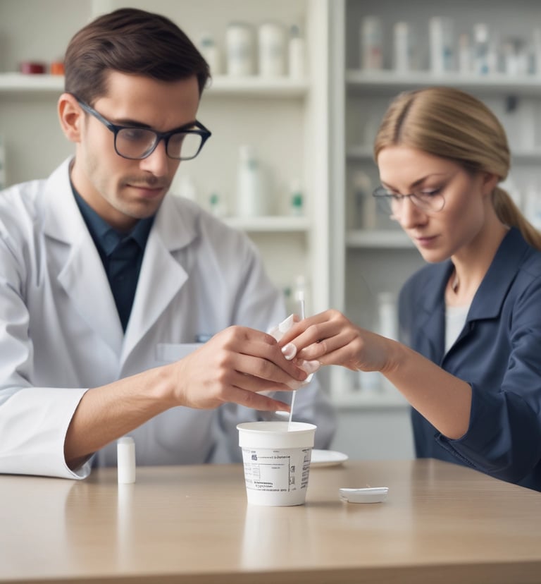 A healthcare professional wearing a surgical mask, disposable gloves, and a hairnet closely examines a vial of liquid. The background is blurred with blue and white tones, suggesting a clinical environment.