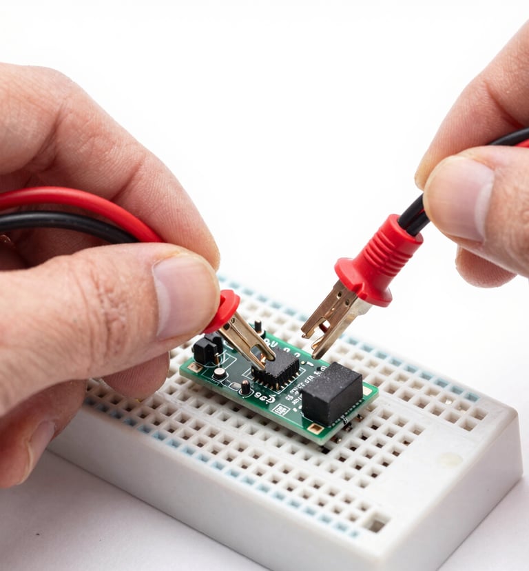 Extreme close-up of hands wiring a breadboard with vivid red jumper wires, bright high-key white studio lighting, sharp focus on microcontroller, 50mm