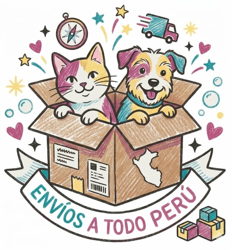 Ilustración a lápiz de un gato y un perro en una caja de envío para la entrega de artículos a Peru