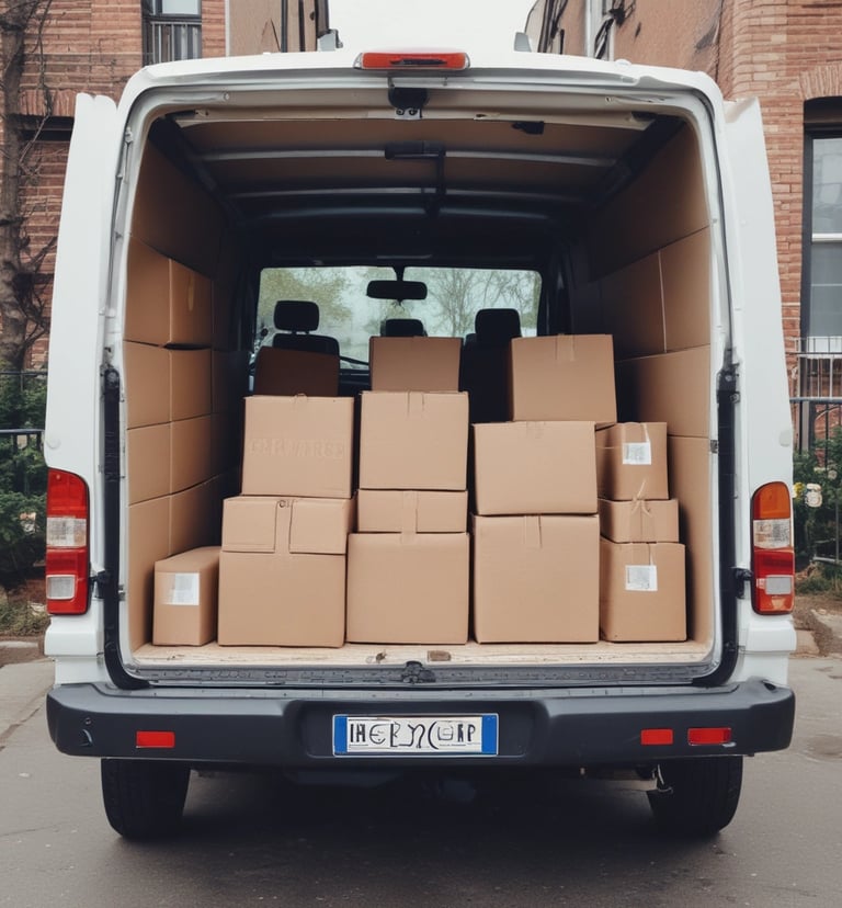 a van with boxes of boxes in the back of it