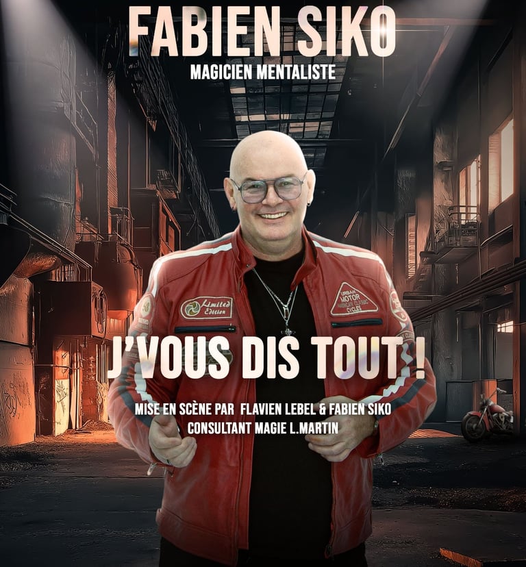 Affiche du spectacle de magie de Fabien Siko intitulé "J’vous dis tout", produit par BLK Production