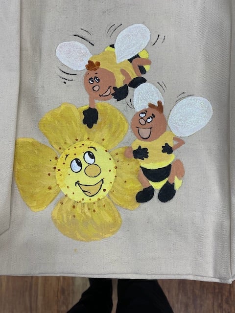 hand painted happy sunflower and happy bees