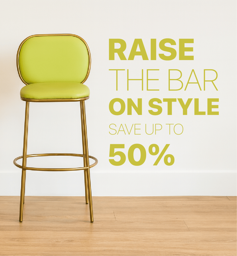 Modern lime green upholstered bar stool with gold metal legs on sale for up to 50% off.