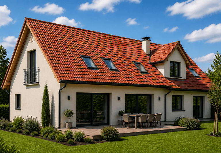 Maison avec façade en enduit et toiture en tuiles