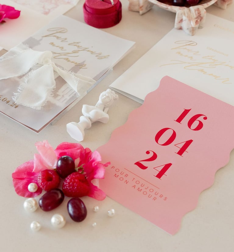 Détail de mariages, faire parts, alliances, parfum, voile, invitation au brunch, décoration