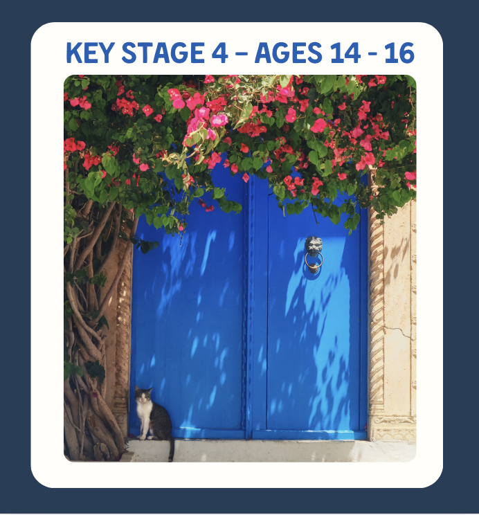 A blue door with flowers