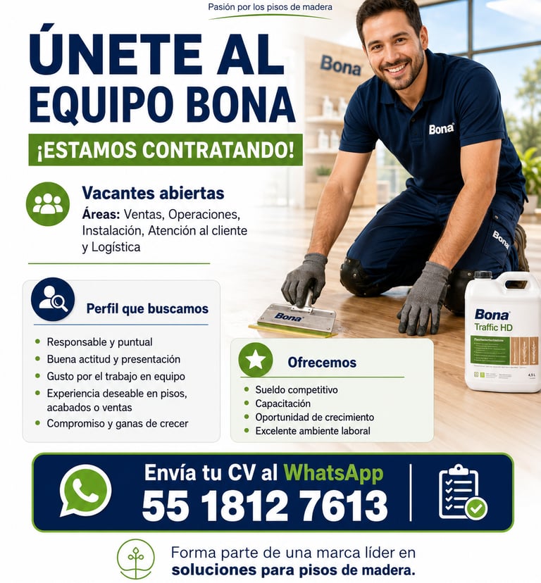 Bona hiring poster for wood flooring installation jobs featuring a professional worker and contact details.