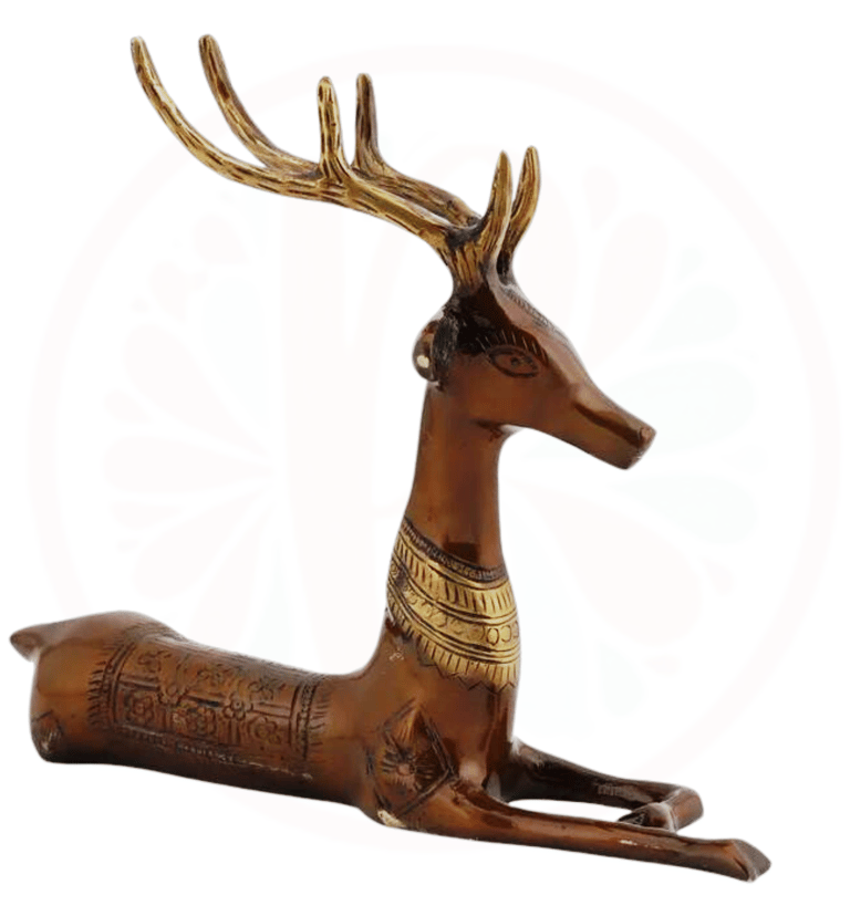 a deer statue of a deer with a gold collar