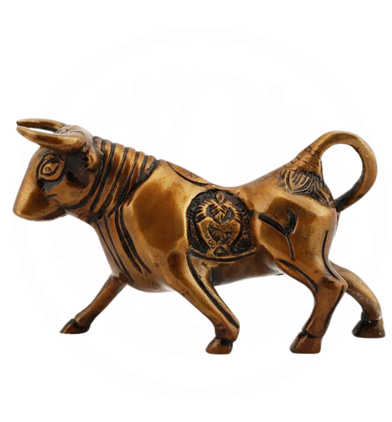 a bronze bull with a brown and black bull on it