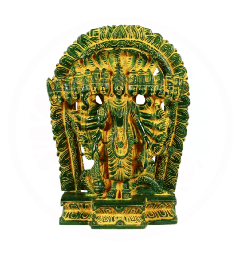a green and gold statue of a goddess vishnu