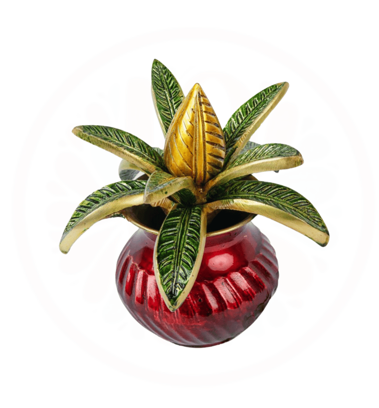 brass kalash a red vase with a plant in it