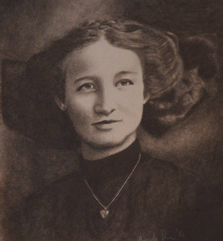 a black and white graphite drawing of a young woman with a very large hair bow and heart locket