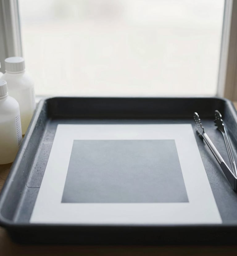A minimalist setup of darkroom trays with developer chemistry, tongs, and a fresh print, soft natural window light, high-key gray tones.