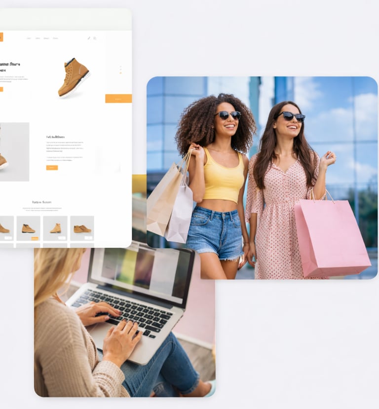 Two stylish women carrying shopping bags walk happily in a modern city