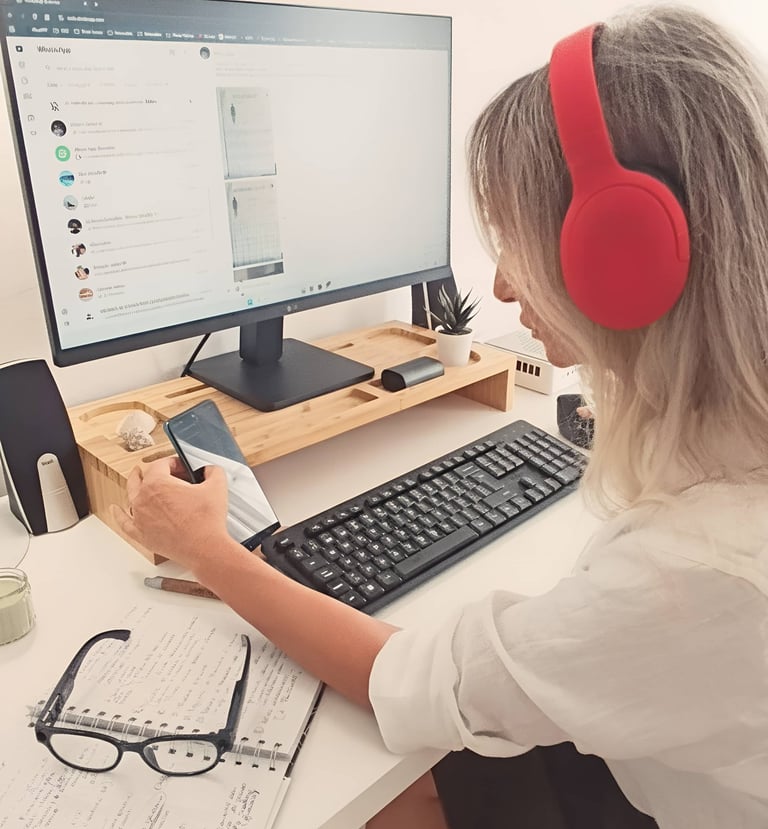 Valeria Angeletti, wellness coach di Metabolika, seduta alla scrivania con cuffie e computer