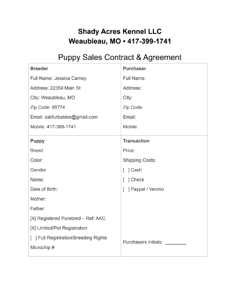 shady acres kennel puppy sales contract