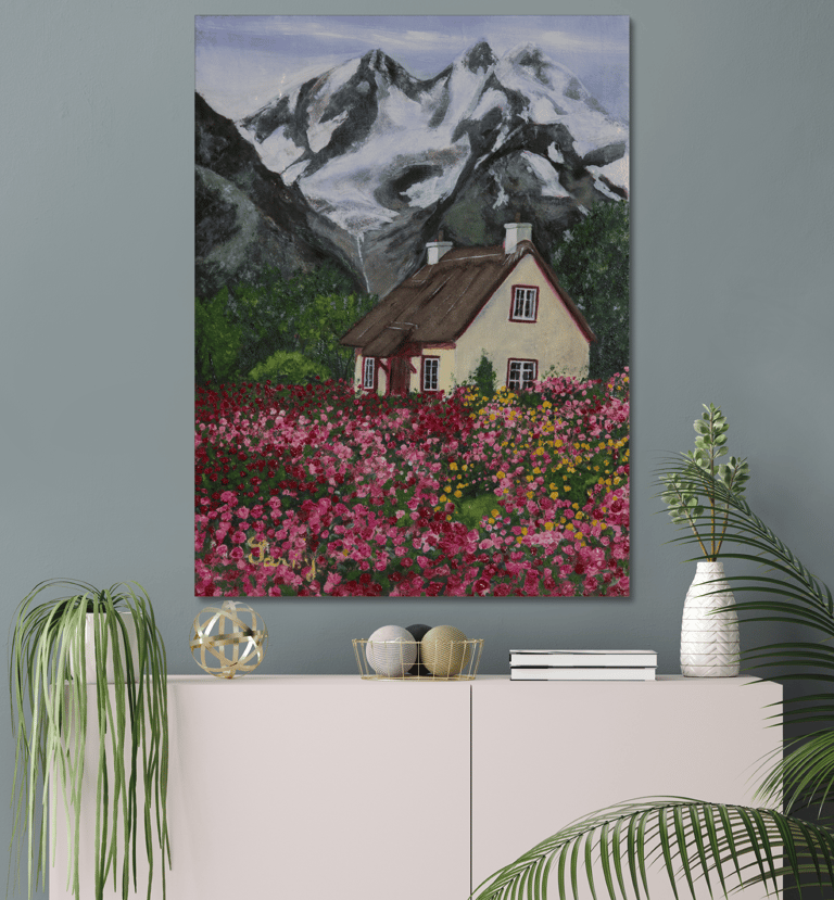 a painting of a house with a mountain view