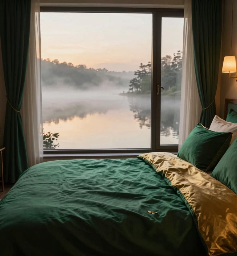 Close-up of luxurious bedding in a Cozy Queen villa, soft emerald green and gold accents, large window overlooking a misty lake, intimate and romantic lighting, cinematic editorial style.