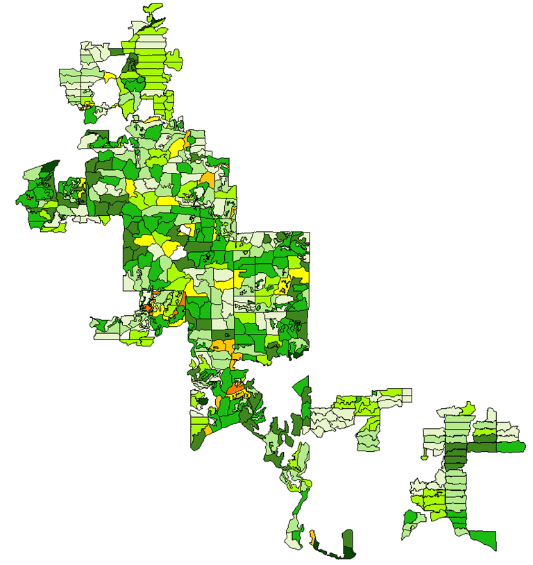 a map of a extensive cultivation of palm oil managed by sotware