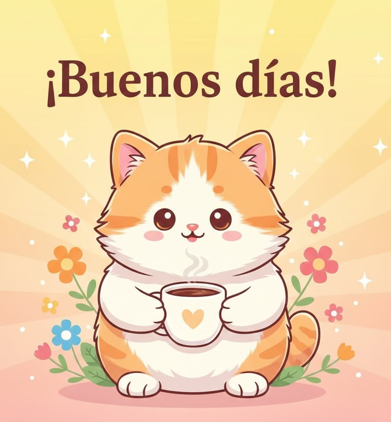Gato animado kawaii naranja y blanco sosteniendo una taza de café con un corazón rojo