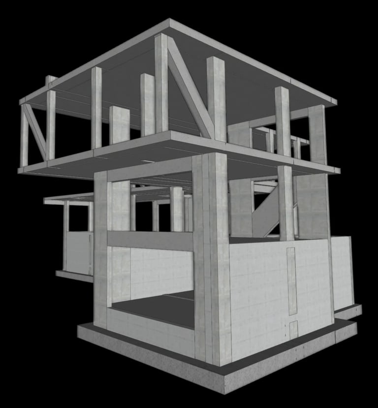 Moradia em Vila Alegre, concelho do Seixal. Projeto de Estruturas e Fundações. Vista tridimensional do modelo estrutural.