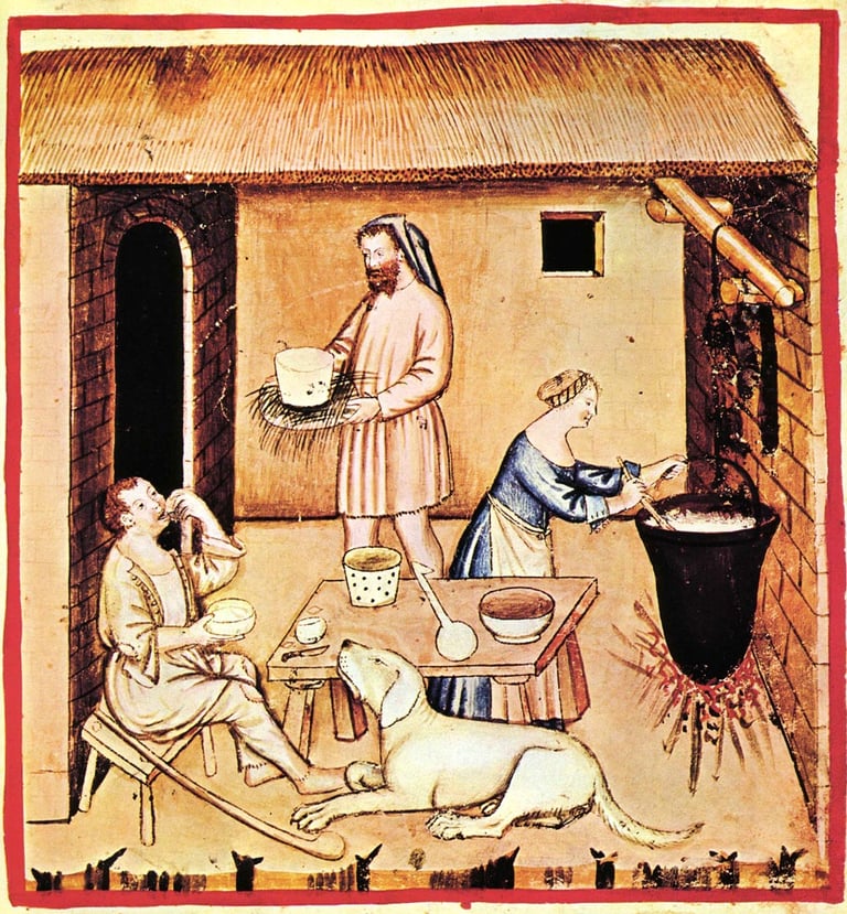 Preparing and serving cheese; Tacuinum Sanitatis, 14th century