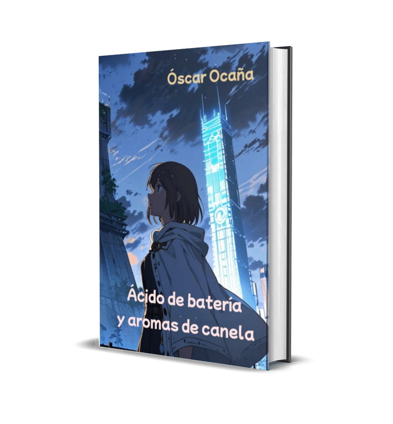 Portada en 3D del libro de Ciencia Ficción HopePunk 'Ácido de batería y aromas de canela' de Óscar Ocaña Parrón
