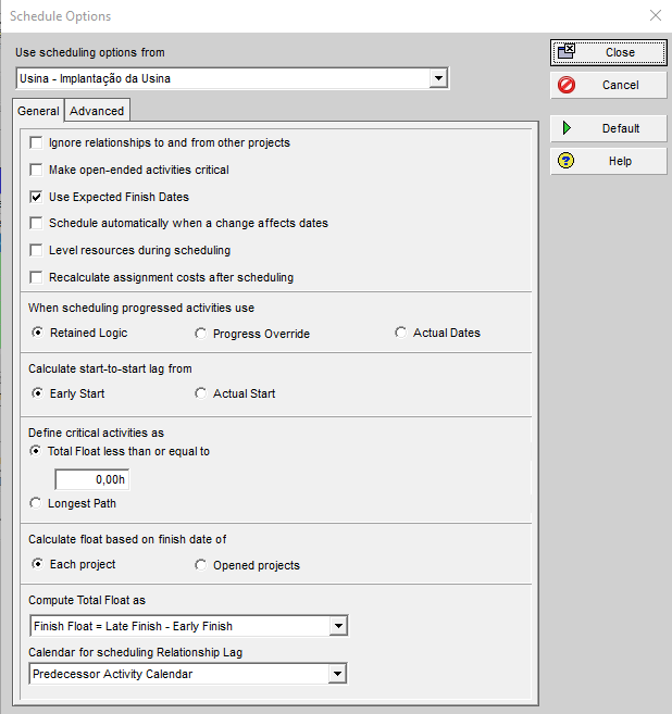 Caixa de alteração das opções de cálculo do Primavera P6, Schedule Options