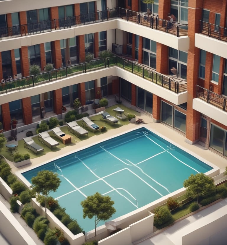 A modern residential building with lush greenery and sleek architecture, bathed in warm evening light.