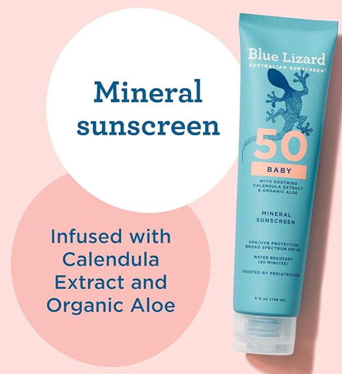 Blue Lizard SPF 50 Baby Mineral Sunscreen tube with calendula and organic aloe.