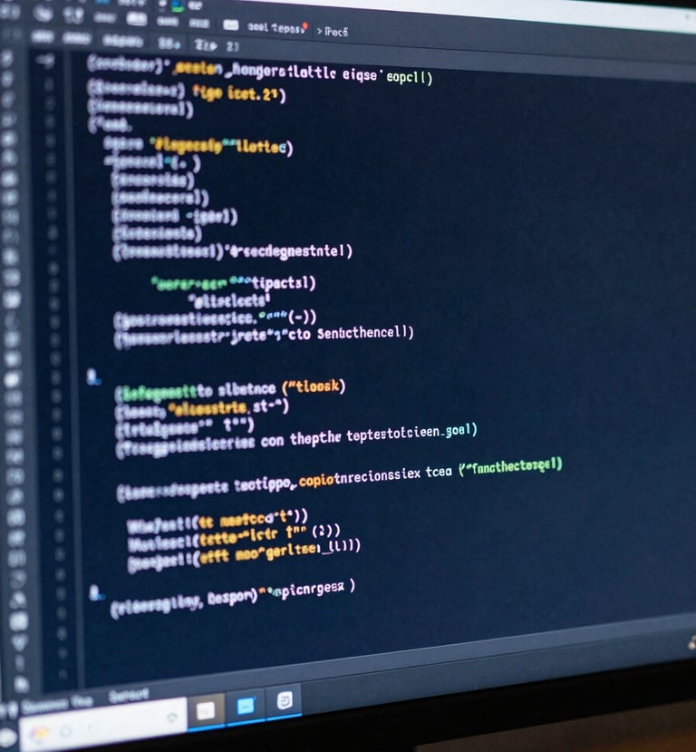Abstract photography of a high-resolution monitor in a dark North American / US tech hub, displaying complex code structures with syntax highlighting in deep navy and ice white tones, shallow depth of field.