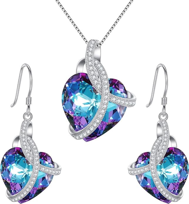 Sterling Silver CZ Courageous Heart Inspired Pendant Necklace Hook Earrings Set Made with Austrian Crystal
