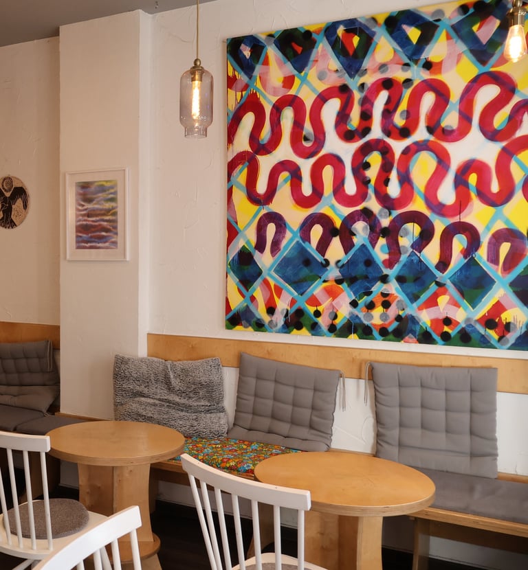 a restaurant with a large painting on the wall