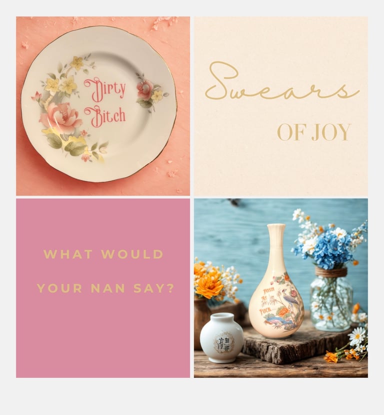 Collage featuring a “Posh as Fuck” vase, “Dirty Bitch” plate, and bold Swears of Joy branding