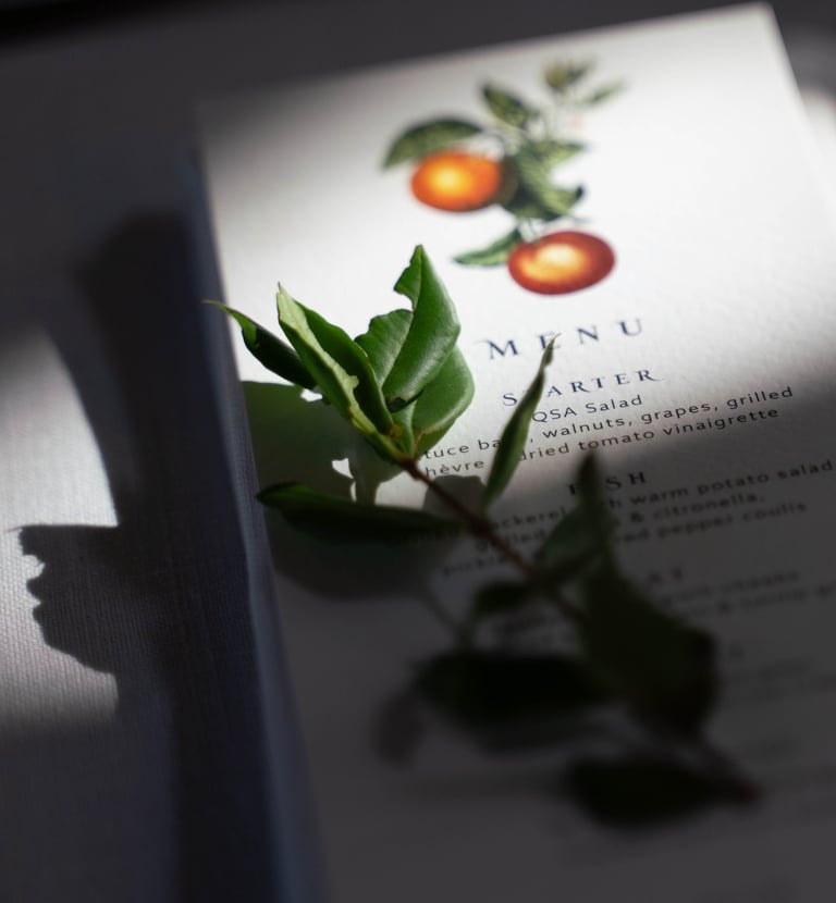a menu card with a leafy branch of a plant