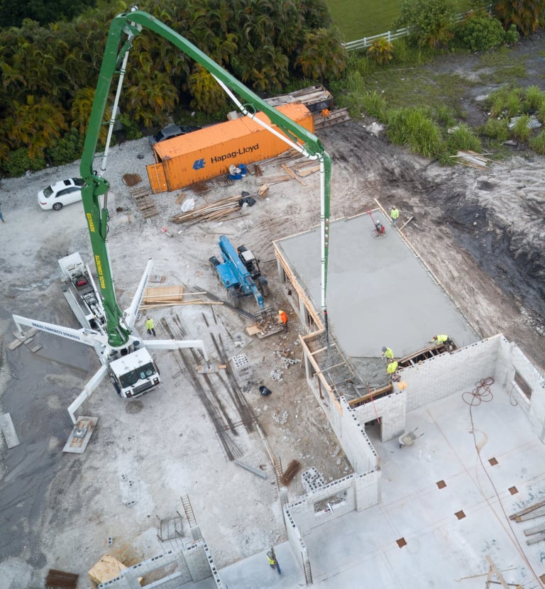 drone imagery of concert pour on construction site