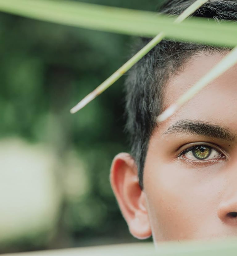 un niño entre las hojas de un arbol, la camará enfoca particularmente a sus ojos verdes