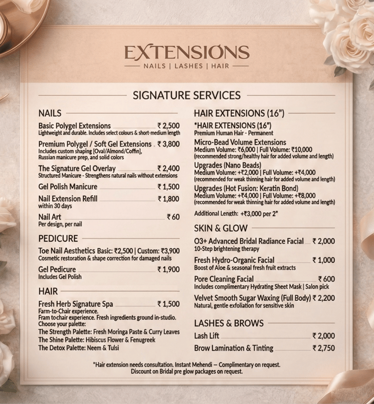 a menu for a nail lash and hair salon