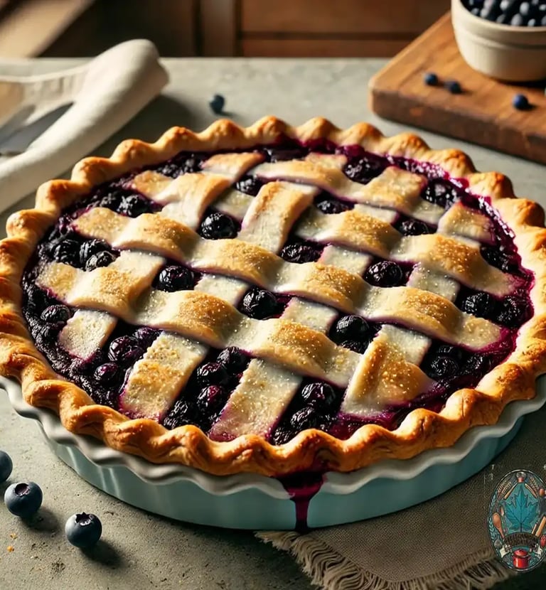Golden lattice-topped huckleberry pie bursting with juicy berries on a rustic countertop.