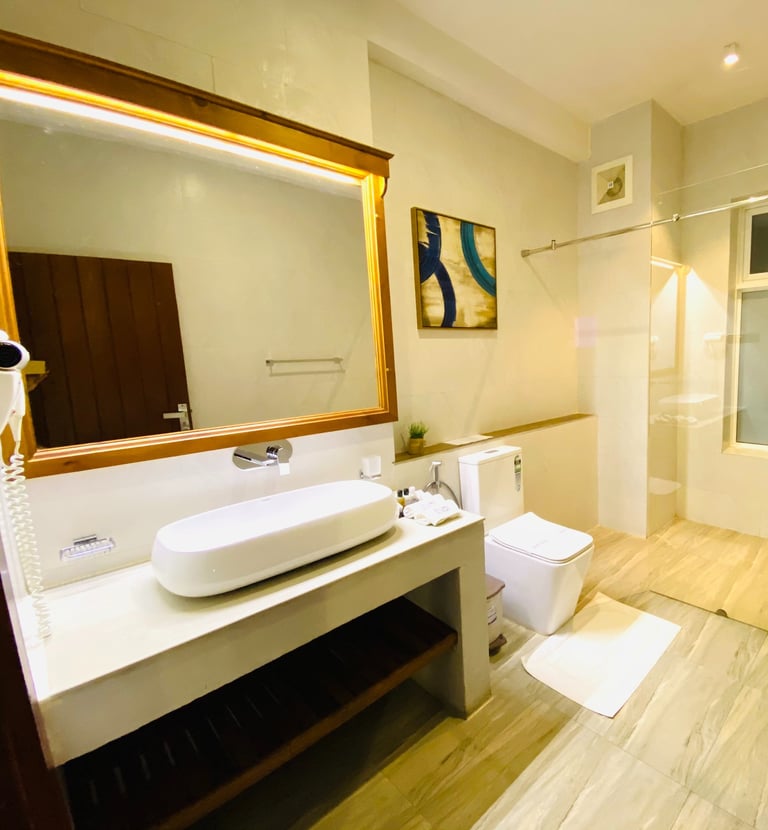 a bathroom with a large mirror and a sink