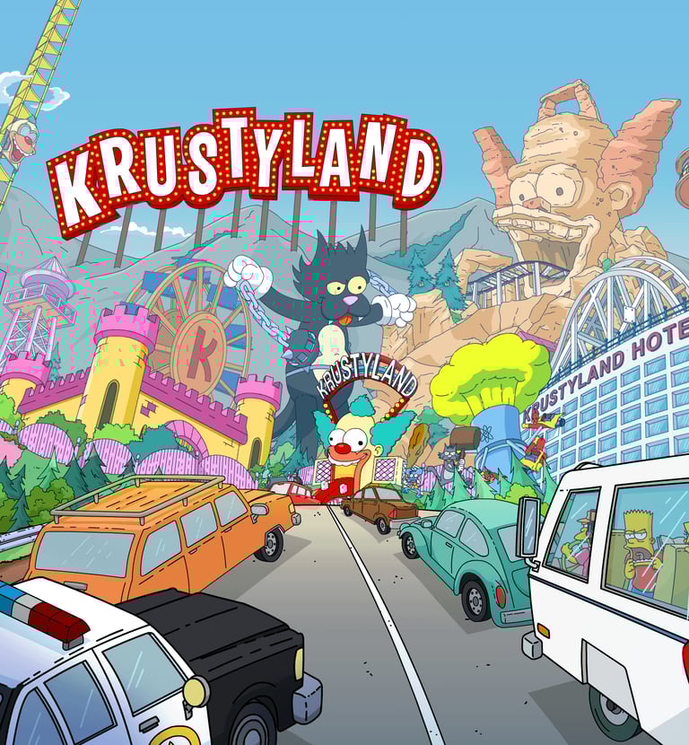 a cartoonish looking street scene with a car driving down a road