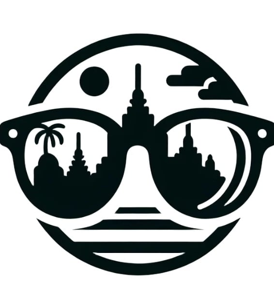 a black and white logo with sunglasses and sunglasses