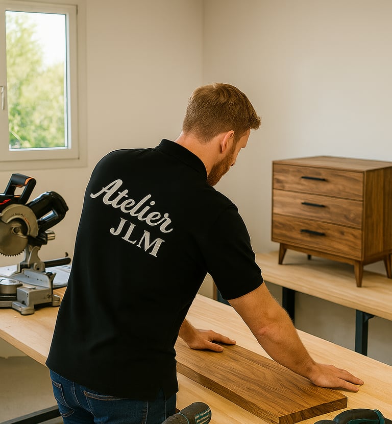 Artisan Atelier JLM en train de fabriquer un meuble sur mesure